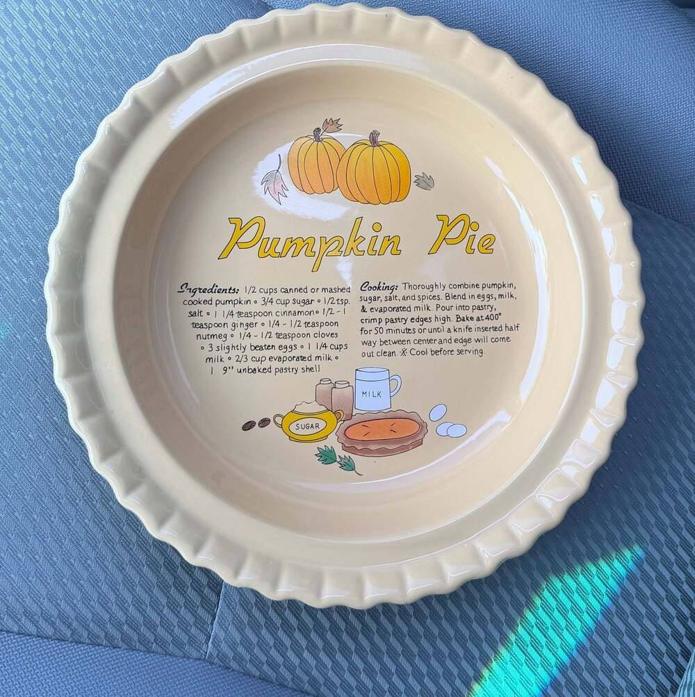 Vintage Ceramic Pumpkin Pie Recipe Baking Dish with Fluted Edge